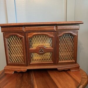 Large Vintage Wooden Jewelry Box Armoire Chest Mirror 6 Drawers 18" Velvet Gold